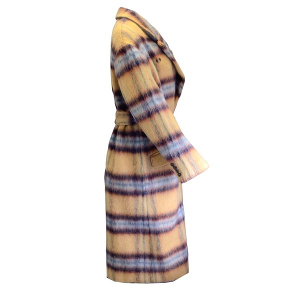 ROKH MUSTARD YELLOW / BLUE MULTI PLAID PATTERN WOOL TRENCH COAT - Picture 2 of 5